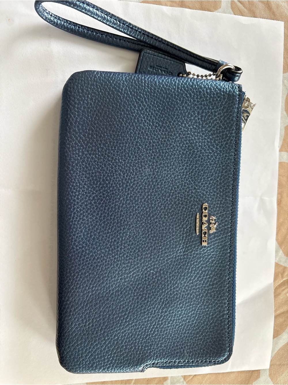 Coach Navy Blue Pebbled Leather Wristlet with Gold Logo